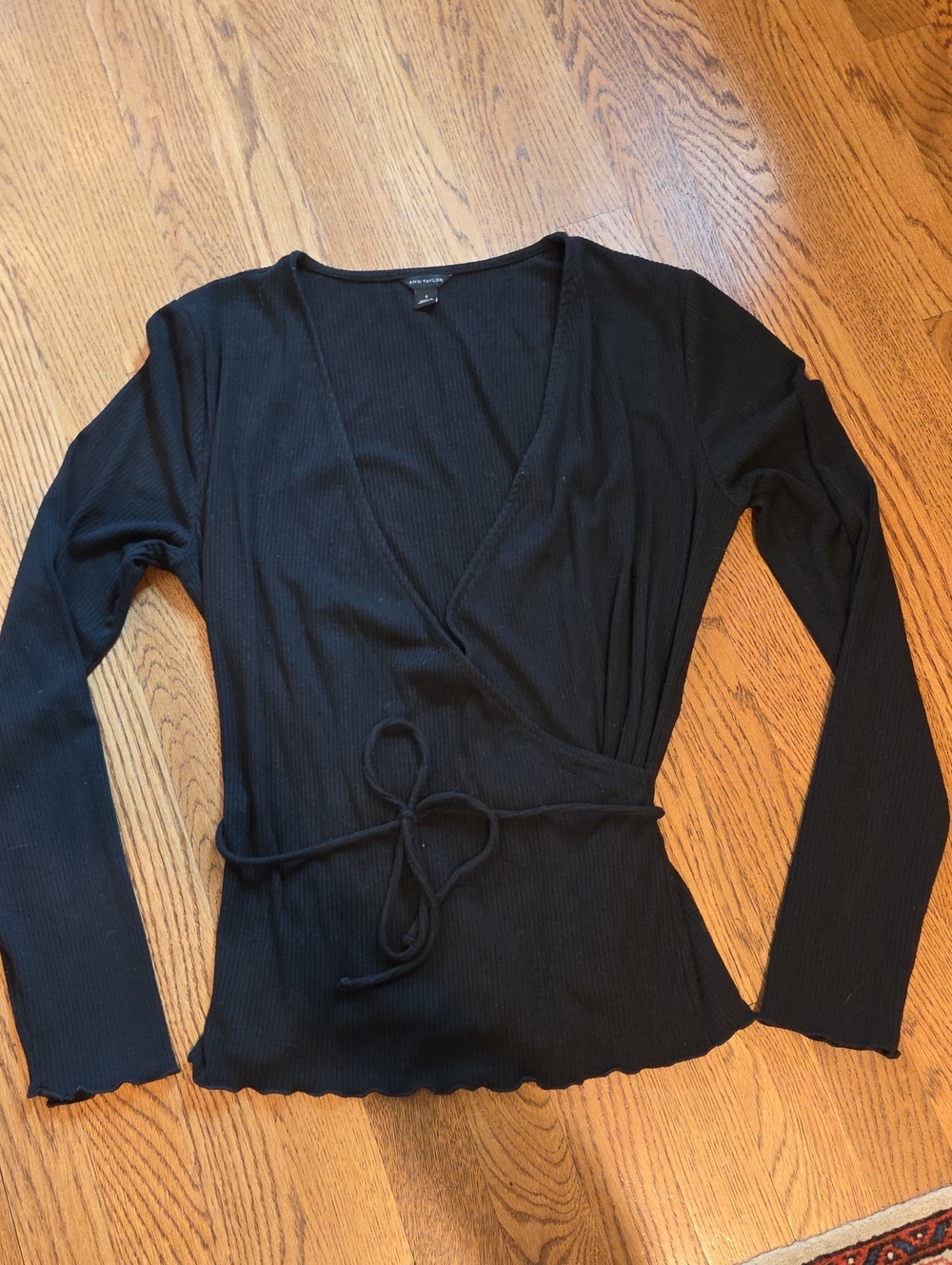 Ann Taylor Black Ribbed Wrap Tie-Front Top